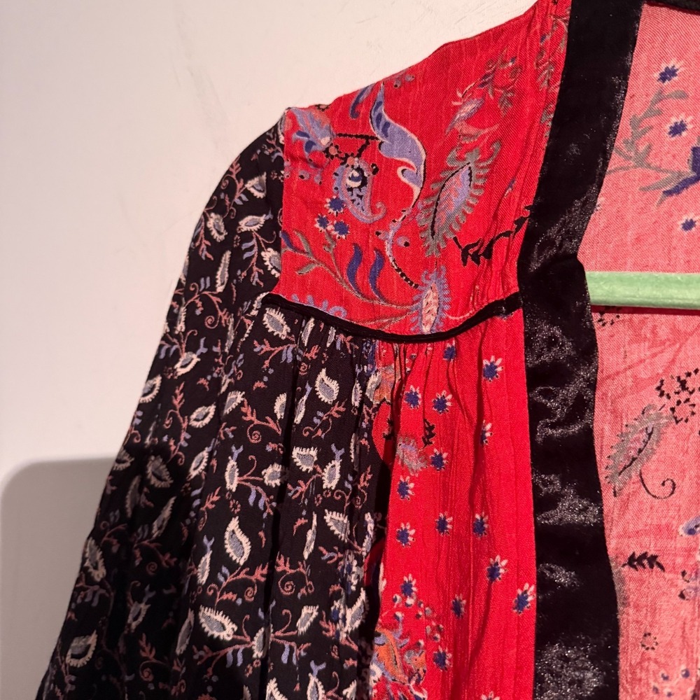 Angie Medium Boho Floral Kimono Cardigan Patchwork Velvet Trim Festival Artsy - Picture 5 of 6